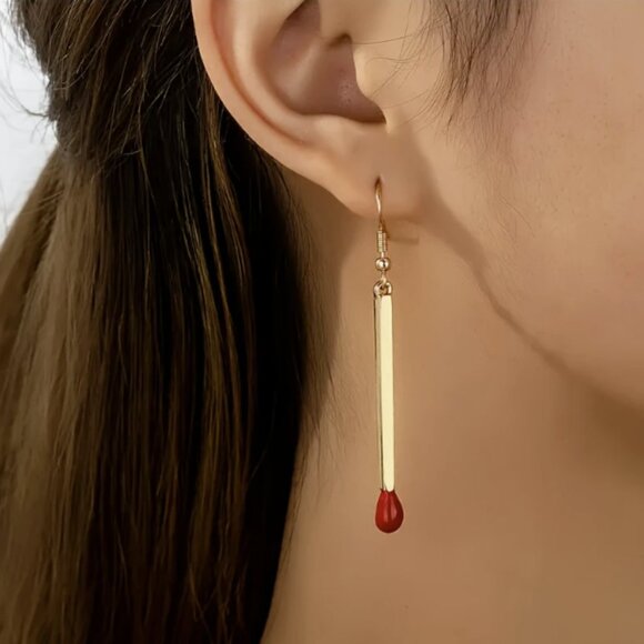 Gold Matchstick Minimalist Trendy Streetwear Dangle Earrings NEW - Picture 2 of 5